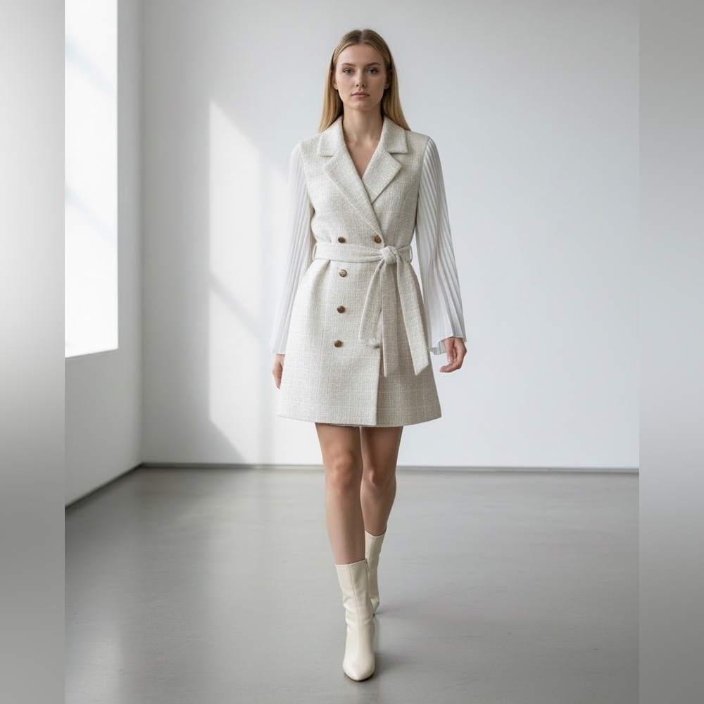 Riva Fashion Ivory Pleated Sleeve Double Breasted Tweed Blazer Mini Dress